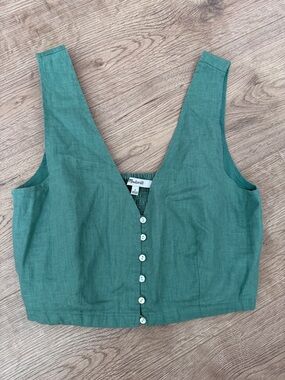 Madewell Teal Green Linen Button-Front Crop Top